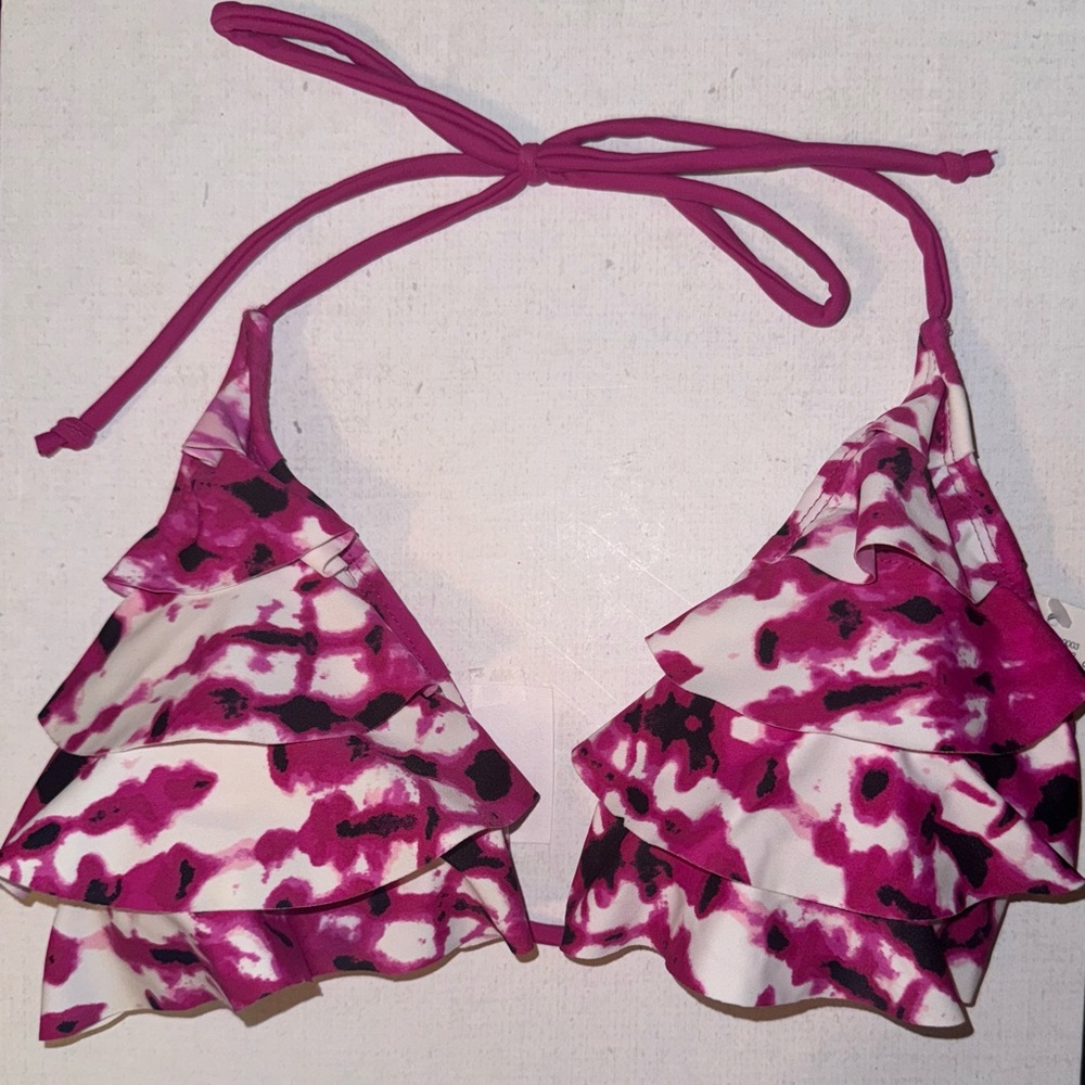 NEW WET SEAL Tie-Dye Bikini Set Pink White Ruffle Triangle Top Side Tie Bottom M - Picture 8 of 13